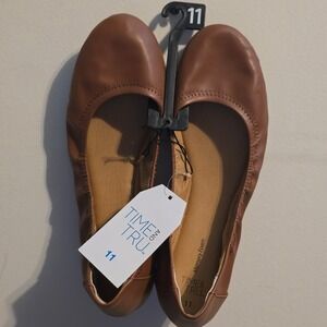 Time and Tru Scrunch Ballet Flat Women 11 Cognac Brown Memory Foam WMTT21FM009L